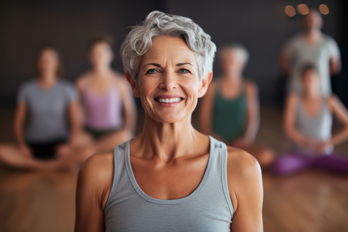 Eine Frau mittleren Alters steht in einem Trainingsraum. Im Hintergrund sieht man verschwommen, weitere Frauen und Männer, die auf dem Boden sitzen. Auch sie tragen Sportbekleidung. Im Zentrum der Fotografie steht die selbstbewusste Frau, die strahlen in die Kamera sieht.